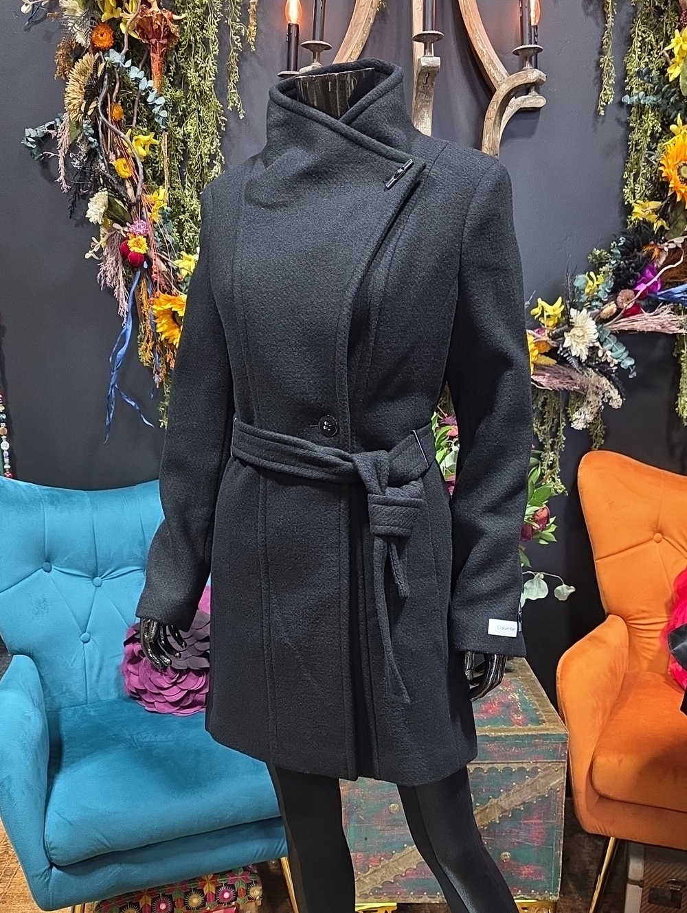 Calvin Klein Black Belted Asymmetric Trench Coat